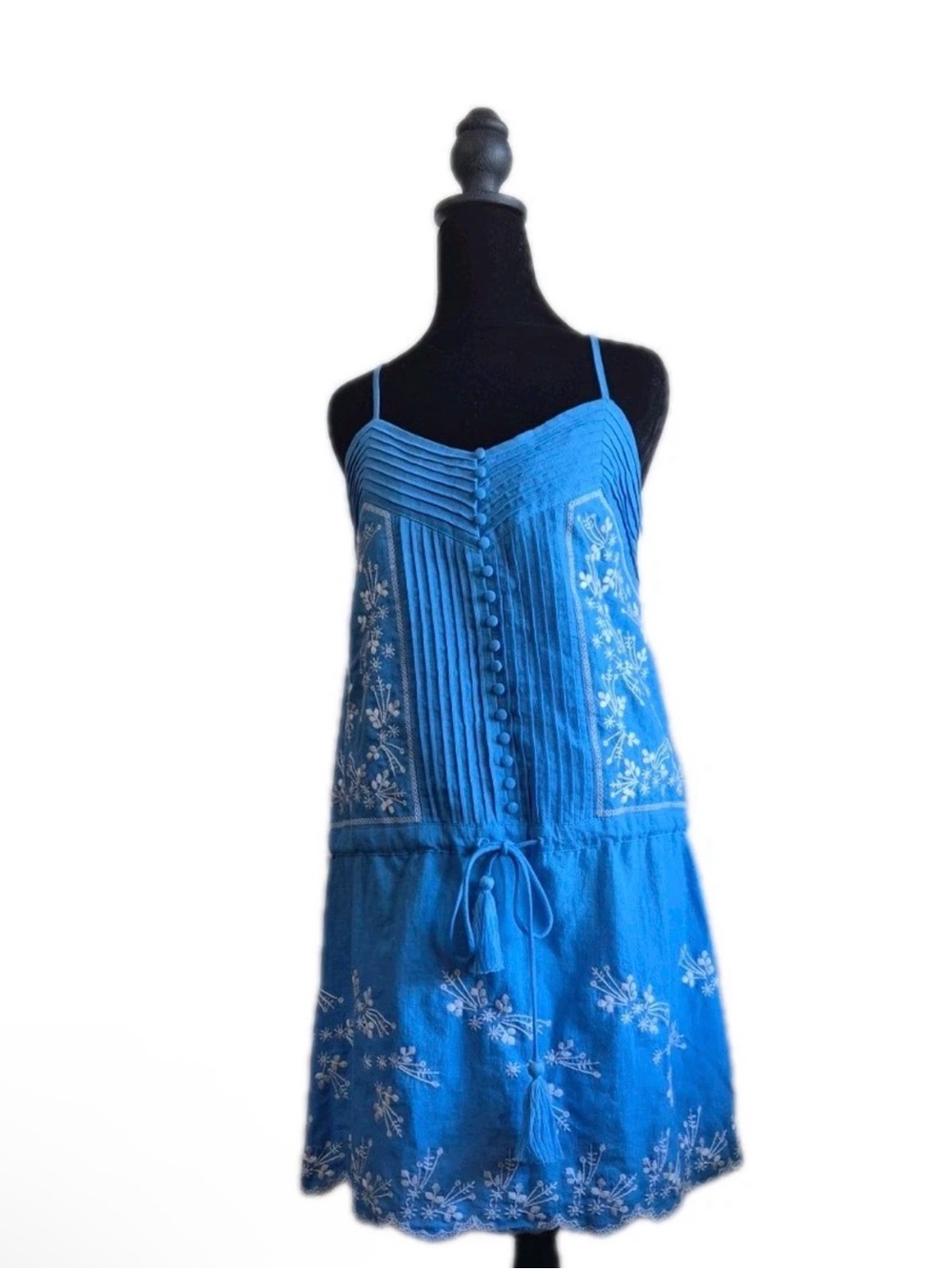 Blue Embroidered Midi Dress with Spaghetti Straps